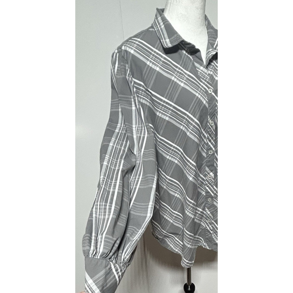 Chicos Top Womens XL 3 Gray‎ White Button Up Billow Balloon Sleeve Poplin Plaid - Picture 6 of 12